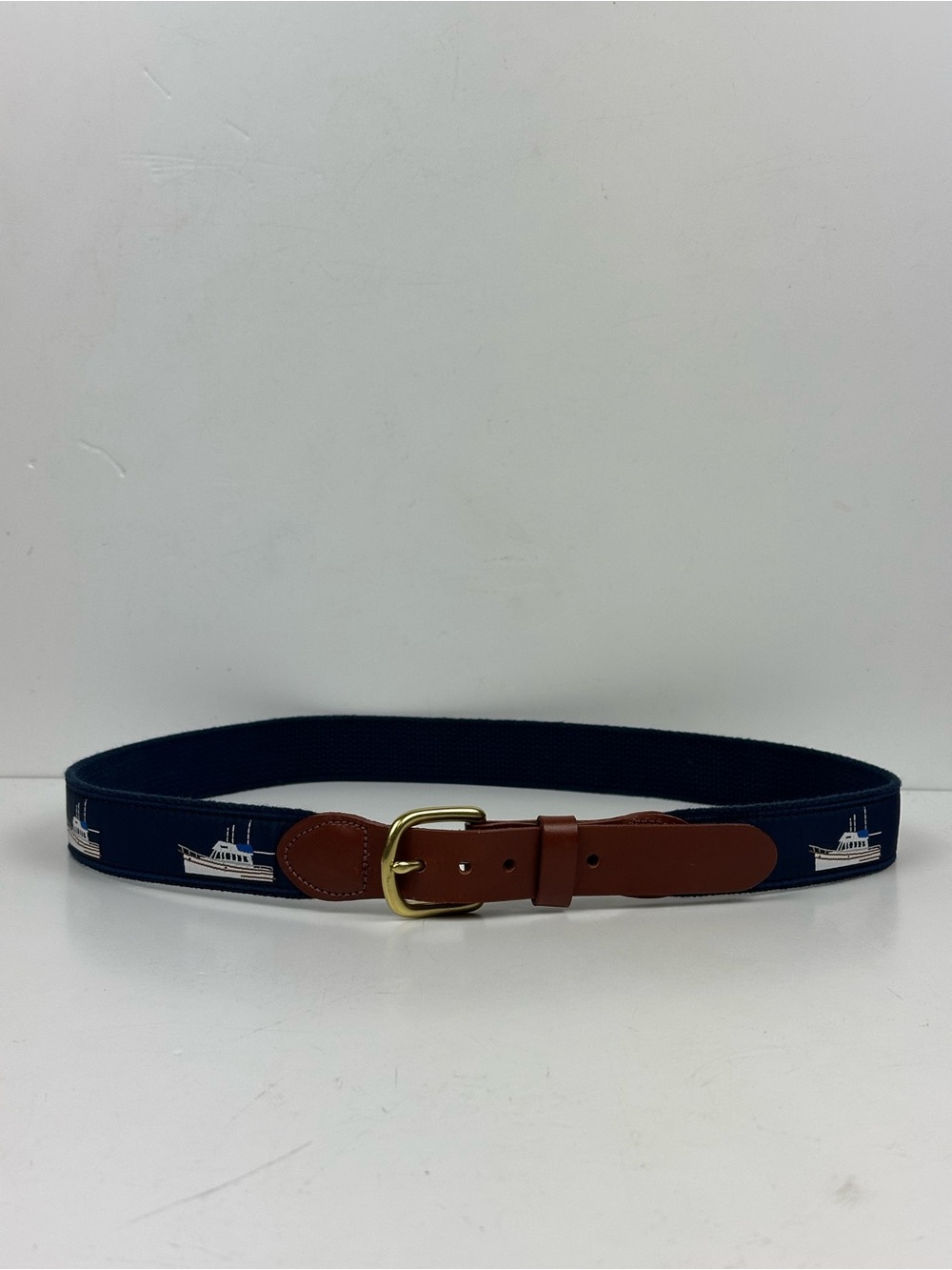 Navy Embroidered Boat Belt with Brown Leather Trim